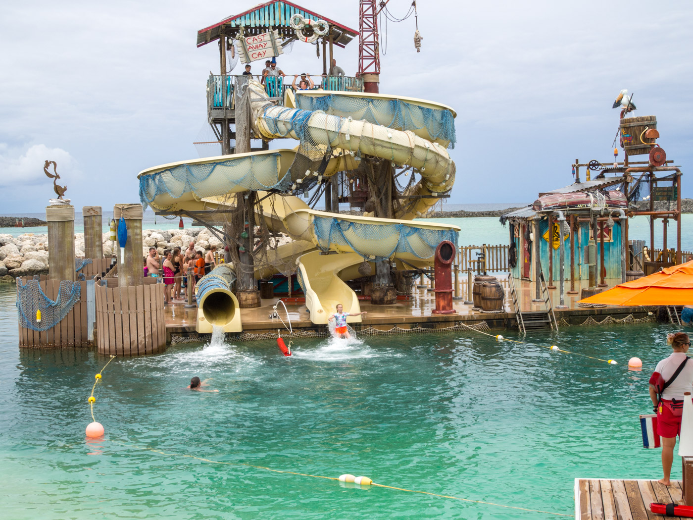 Katie comes down the slide at the right. Every trip after that would be on the enclosed slide on the left.