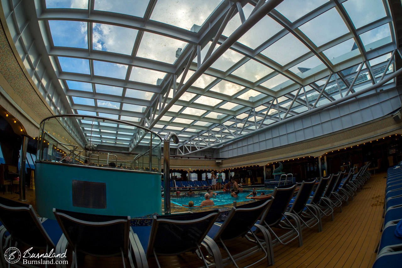 The adult pool with the cover closed was a good place to wait out the rain.