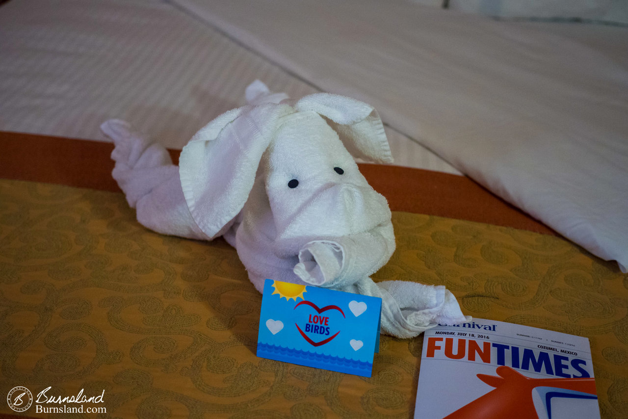 Our anniversary towel animal, complete with gifts.