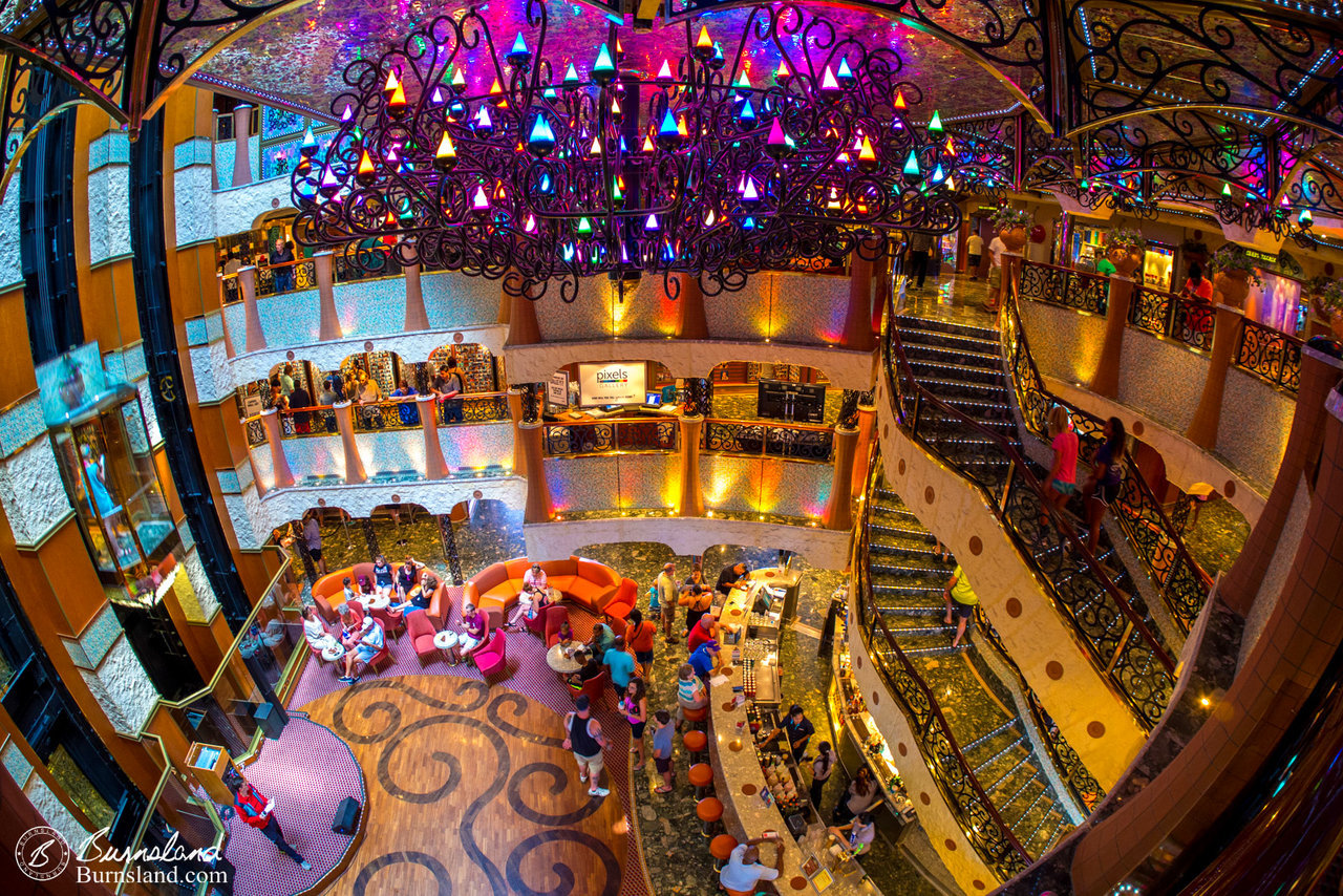 Looking down on the Carnival Liberty Lobby. Colorful place.