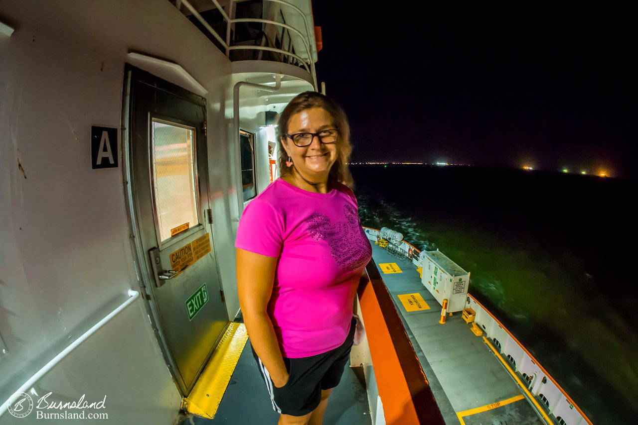 Laura checks out the view from the top level of the ferry.