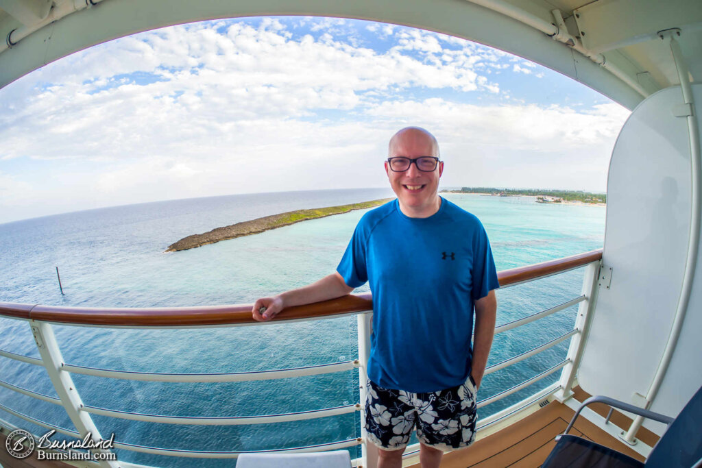 Steve on the verandah with Castaway Cay in the background