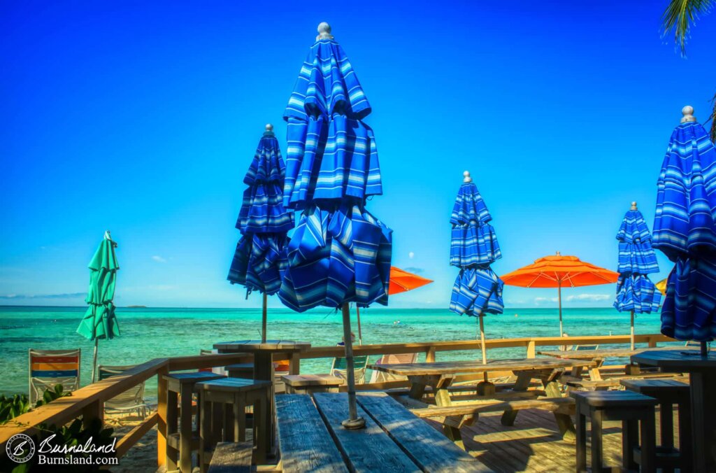 Unused umbrellas at Serenity Bay. 