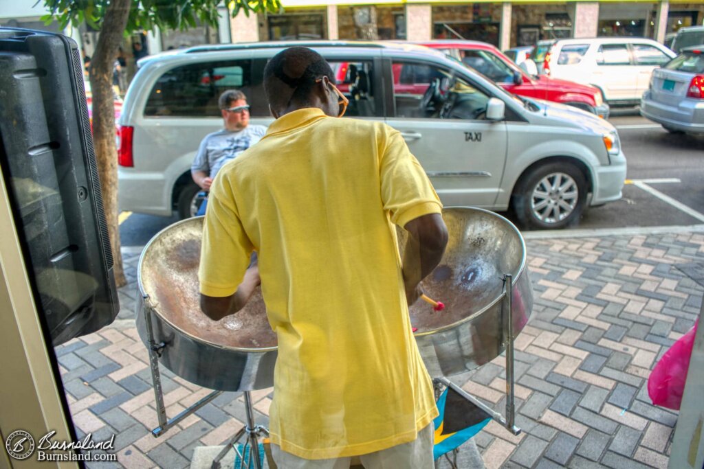 Steel drum player outside of the Del Sol shop in Nassau