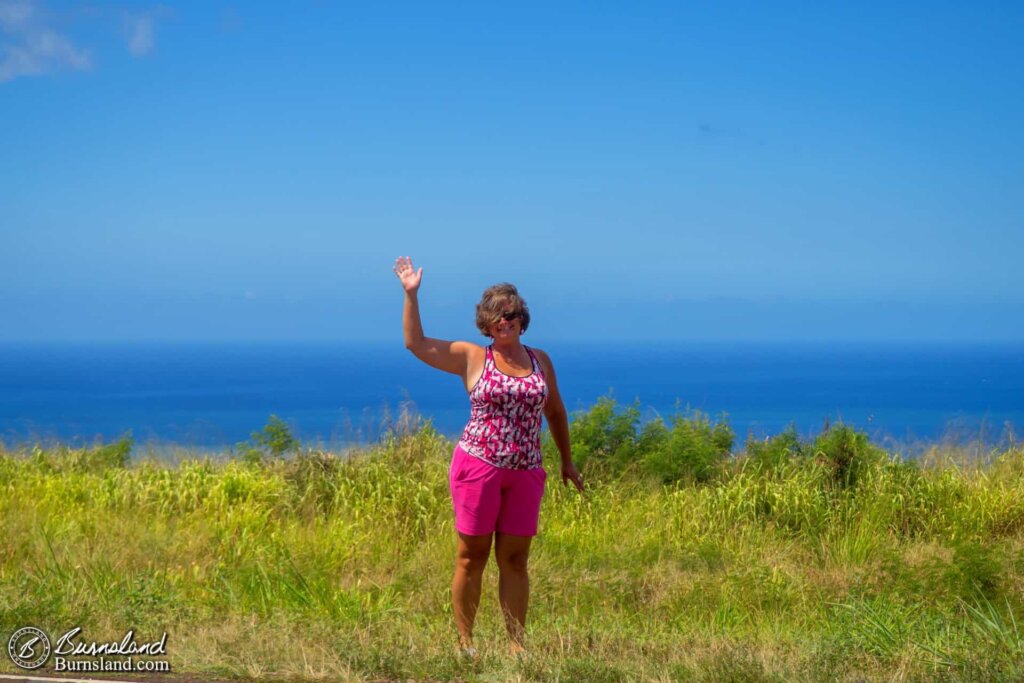 Laura and the ocean, at one of our stops along the road