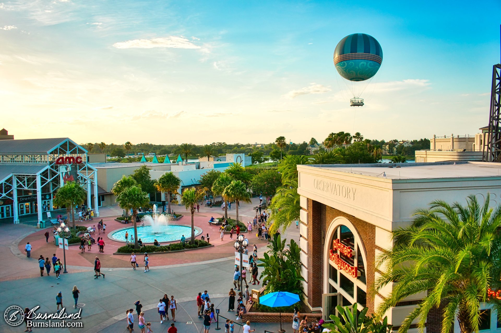 An evening view of Disney Springs