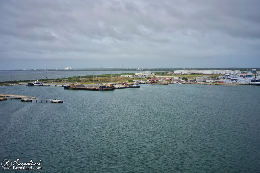 Some SpaceX boats in the foreground, and Kennedy Space Center far in the background. I love seeing all the space stuff!