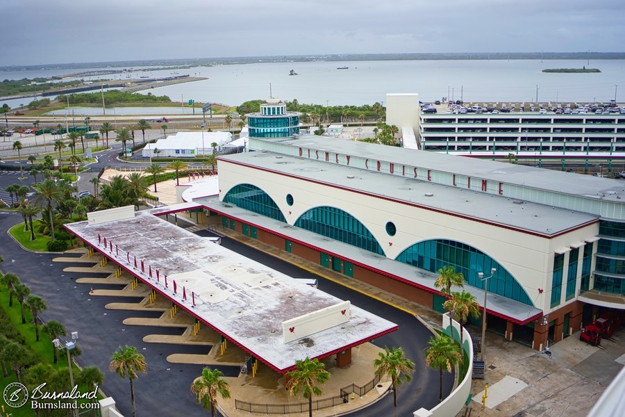 The Disney Cruise Line Terminal Building down below, and the garage (where we parked our car) off to the right behind it