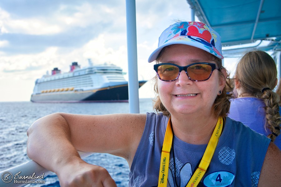 On a tender boat with the Disney Fantasy in the distance