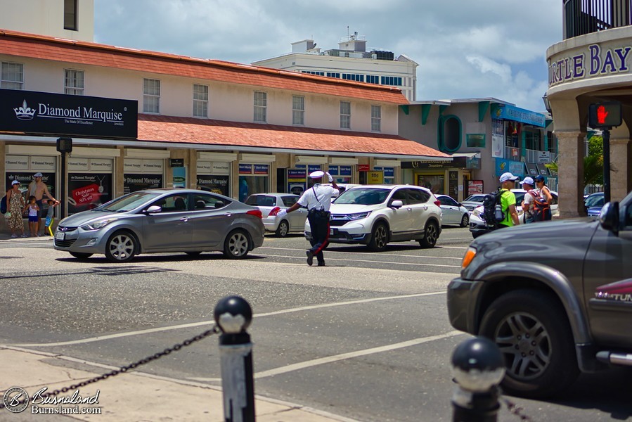 A crossing guard in George Town, Grand Cayman