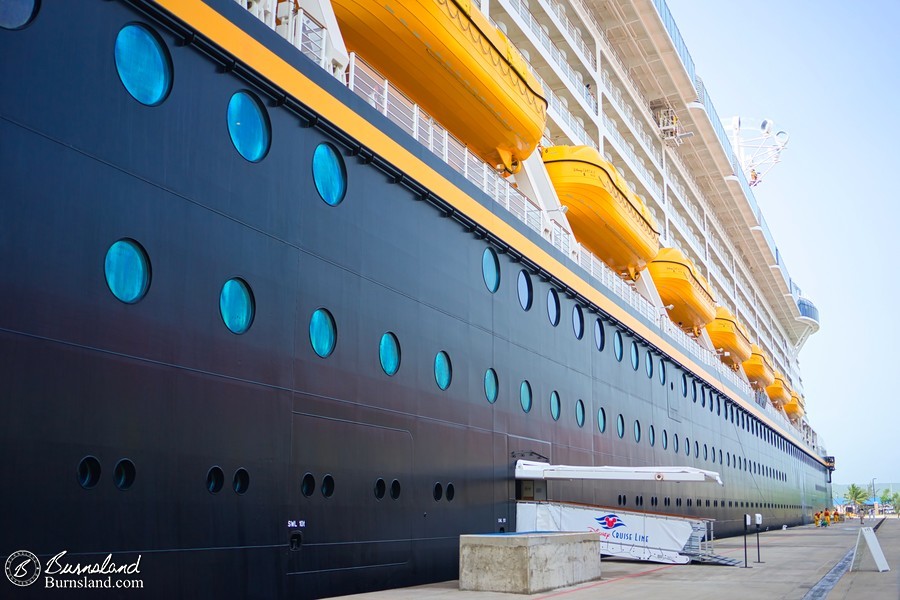 Standing next to the Disney Fantasy docked in Falmouth, Jamaica