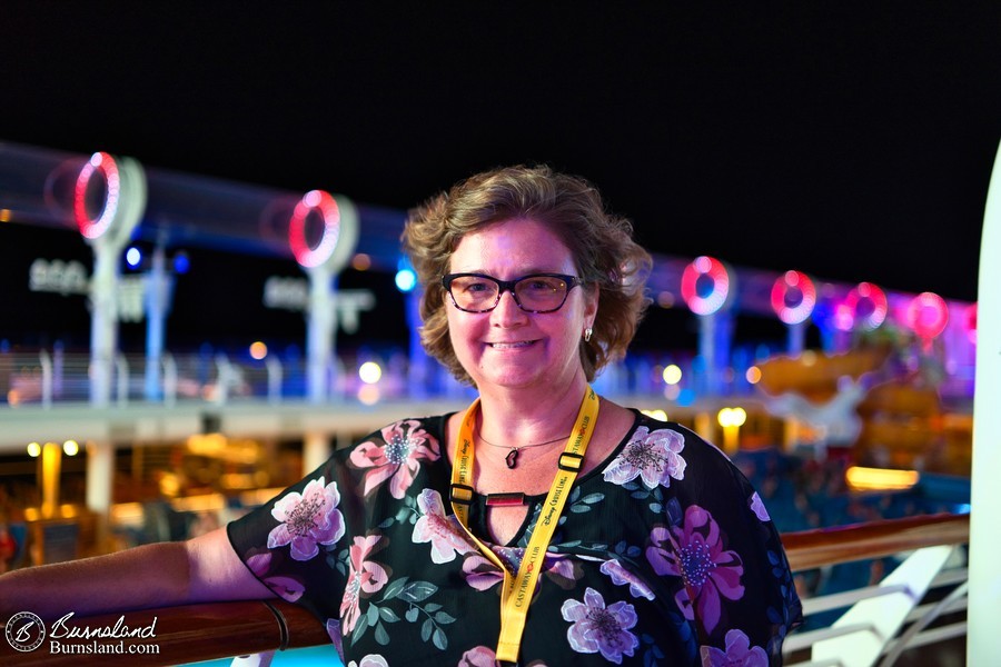 Laura at night on the Disney Fantasy during our Disney Cruise