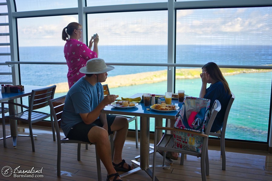 Checking out the Castaway Cay view at breakfast