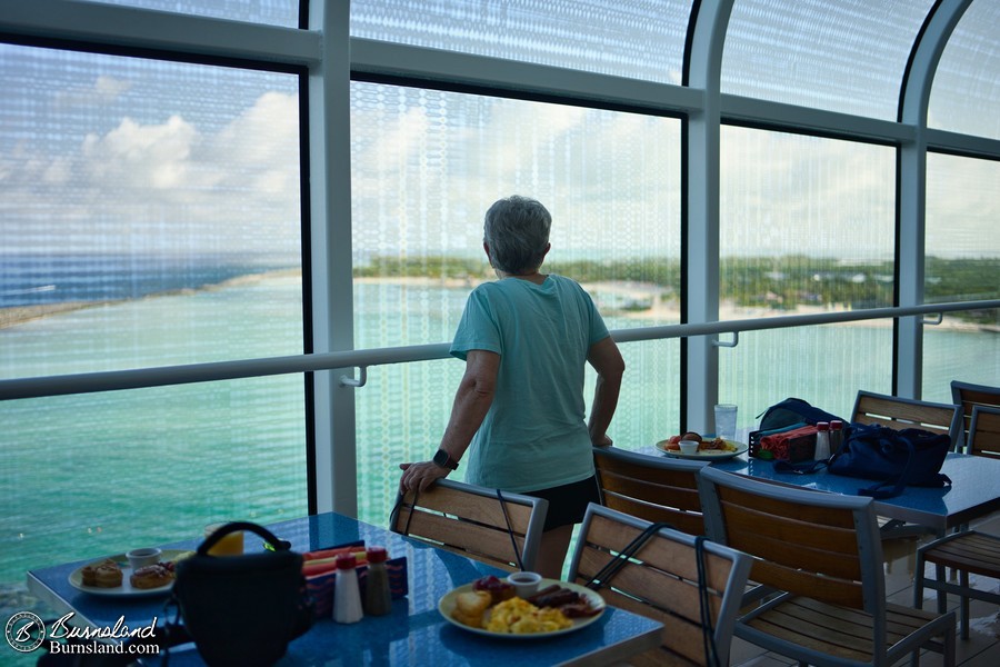 Checking out the Castaway Cay view at breakfast