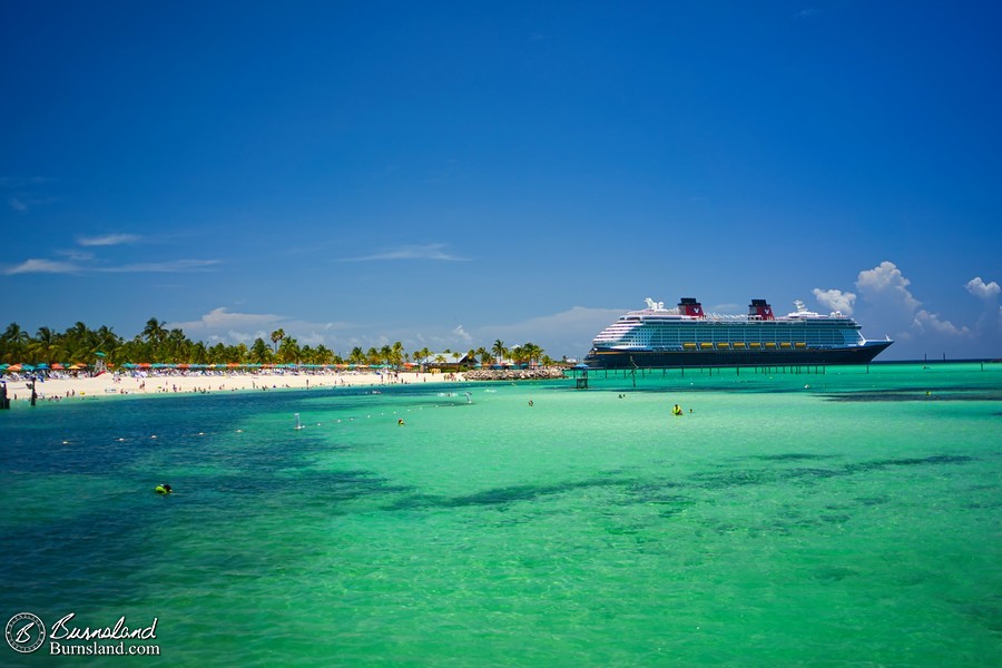 The Disney Fantasy across the bay as seen from Pelican Point on Castaway Cay