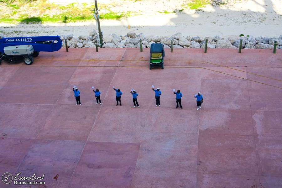 Waving goodbye to the crew members of Castaway Cay