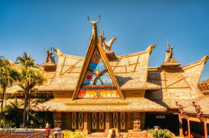 Thatched rooftops cover the Enchanted Tiki Room in Adventureland in the Magic Kingdom at Walt Disney World