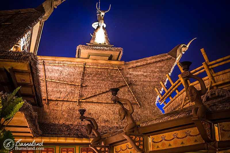 Adventureland rooftops at night in Walt Disney World’s Magic Kingdom