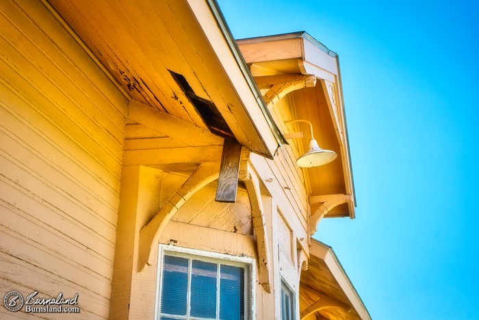 Details above the bay window at the Alden Railroad Depot in Kansas