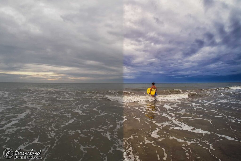 Alone in the waves at Cocoa Beach, Florida - before and after