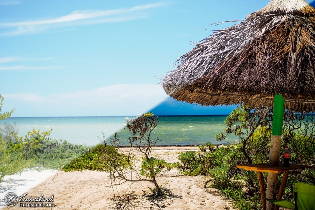 Umbrella at Xcambo Beach in Mexico before and after