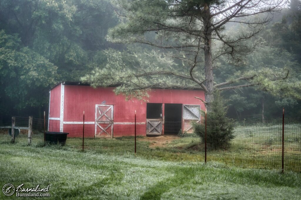 Fog and mist surround the barn in our horse pasture early one morning, before the sun came out and cleared everything up.