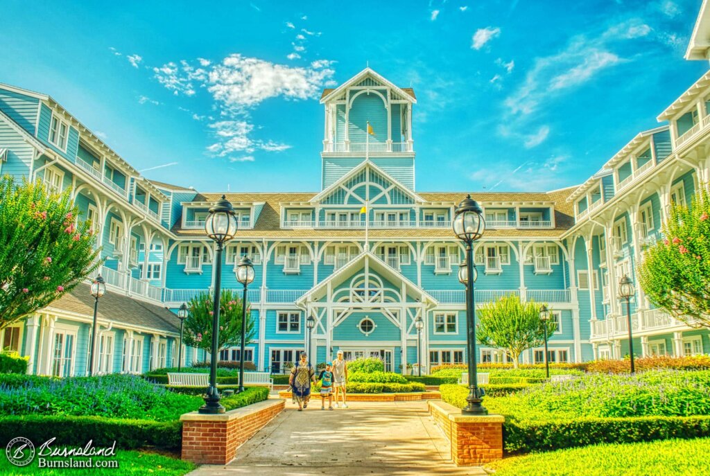 The blue walls of the Beach Club Resort blend in with the blue sky at Walt Disney World