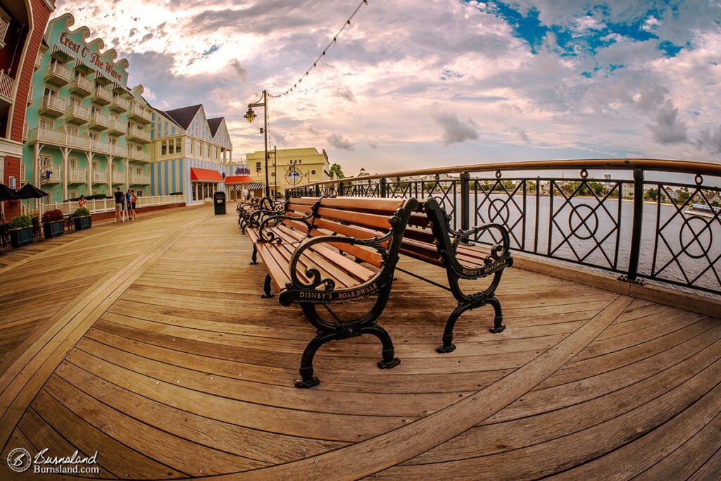 Benches along the boardwalk at the Boardwalk Resort at Walt Disney World provide a nice place to sit and rest. Read all about it at Burnsland!