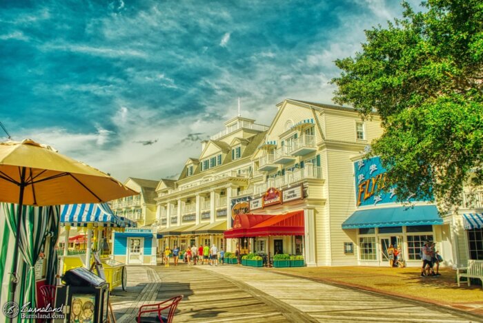 The Boardwalk Resort and a bright blue sky on a sunny day at Walt Disney World in Florida