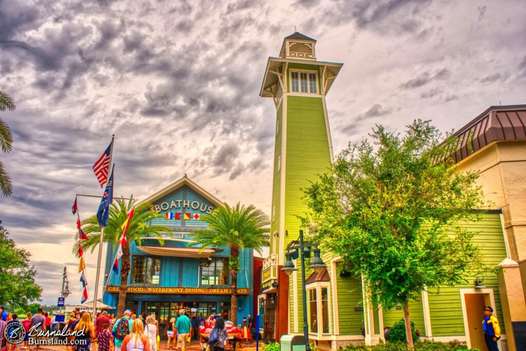 The Boathouse restaurant and gift shop at Disney Springs in Walt Disney World, along with some pretty cool clouds in the sky