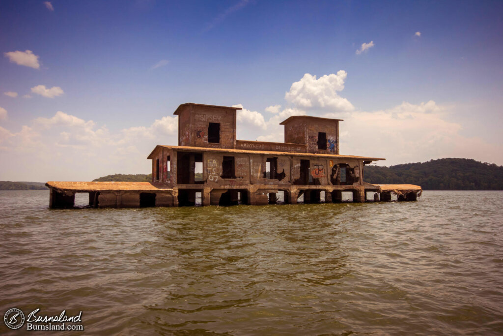 The old Danville Grain Elevator building in the waters of Kentucky Lake in Tennessee