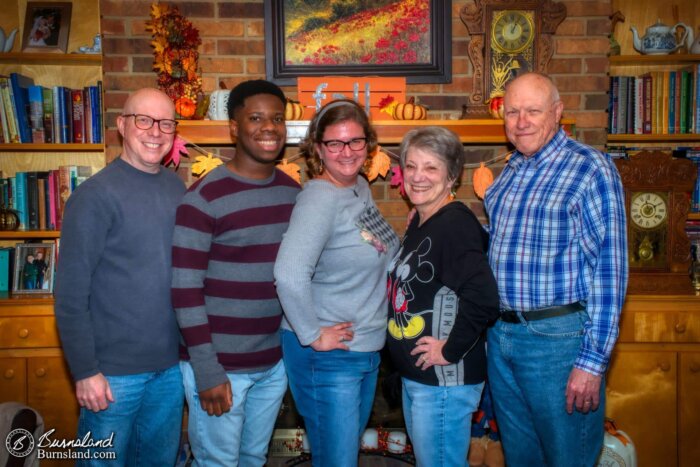 The Burns family, the three of us and my parents, in our annual Thanksgiving Day photo for 2019.