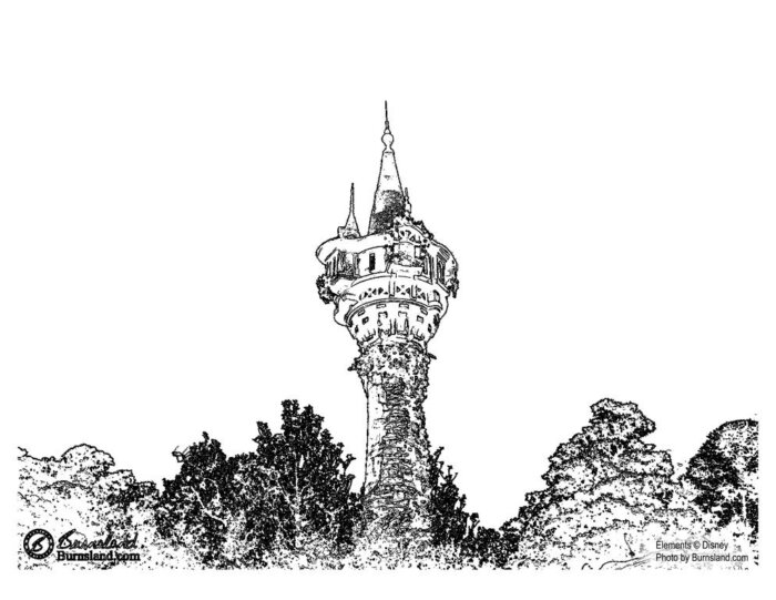 A coloring page based on Rapunzel’s Tower in the Magic Kingdom at Walt Disney World