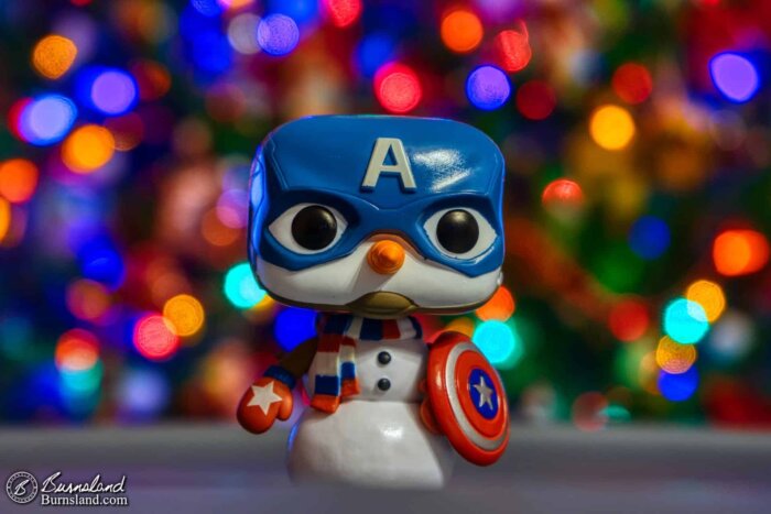 Superheroes enjoy Christmas, too, as you can see from the Captain America snowman. Actually a Funko Pop figure.