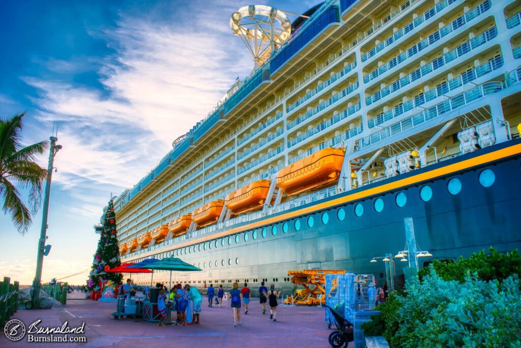 The Disney Dream cruise ship and the Castaway Cay Christmas Tree on a Disney Cruise