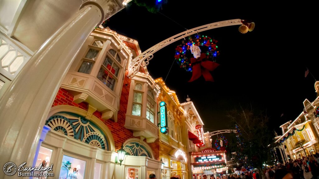 Christmas decorations adorn the buildings of Main Street USA in Walt Disney World’s Magic Kingdom.