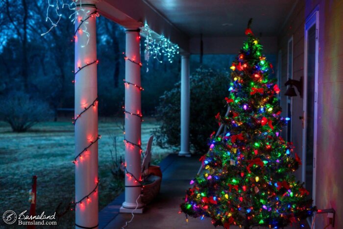 A Christmas Tree and lights on our front porch.