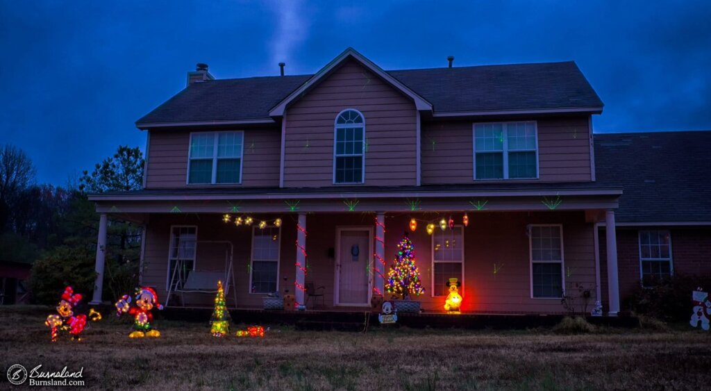 Lights and lighted figures adorn the front porch and front yard of our house in Tennessee during the Christmas season.