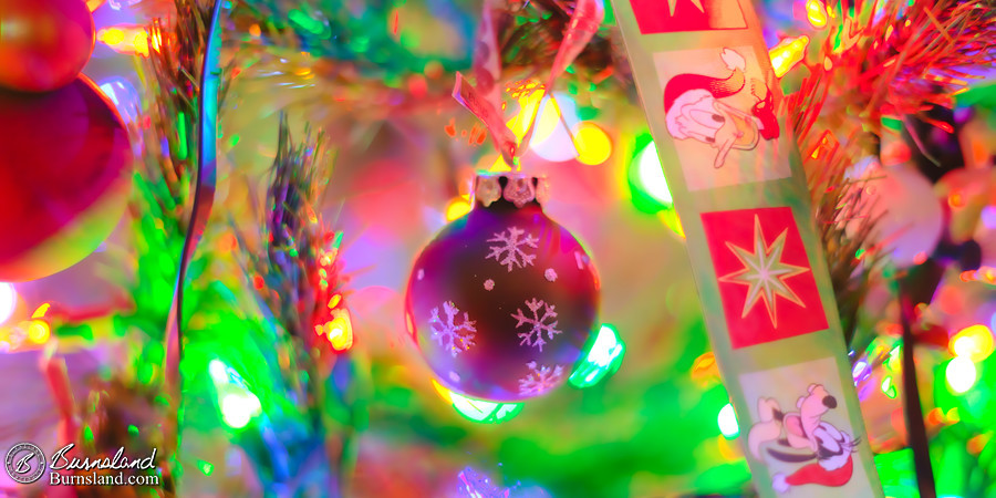 A Christmas ornament surrounded by lights and ribbon hangs on our main Christmas tree downstairs in our den.