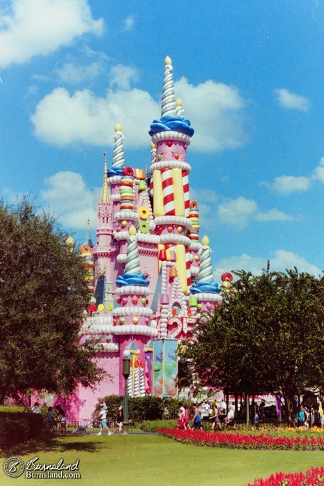 Cinderella Castle in the Magic Kingdom was transformed into a huge birthday cake for Walt Disney World’s 25 Anniversary Celebration in 1996.