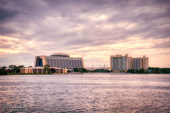 The Contemporary Resort at Walt Disney World is seen from across Bay Lake