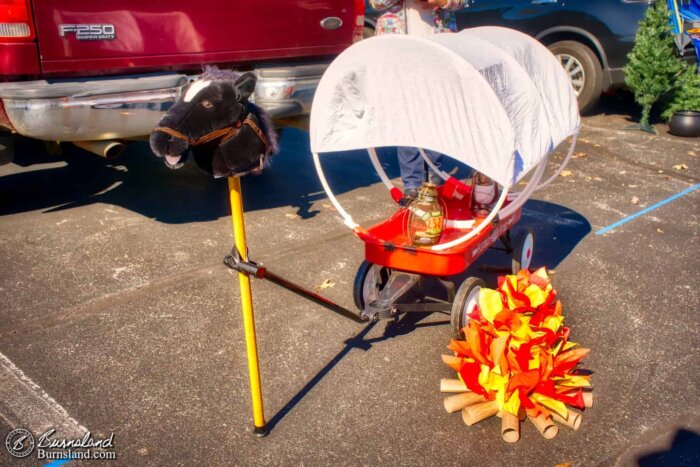 A horse, wagon, and campfire for Trunk or Treat