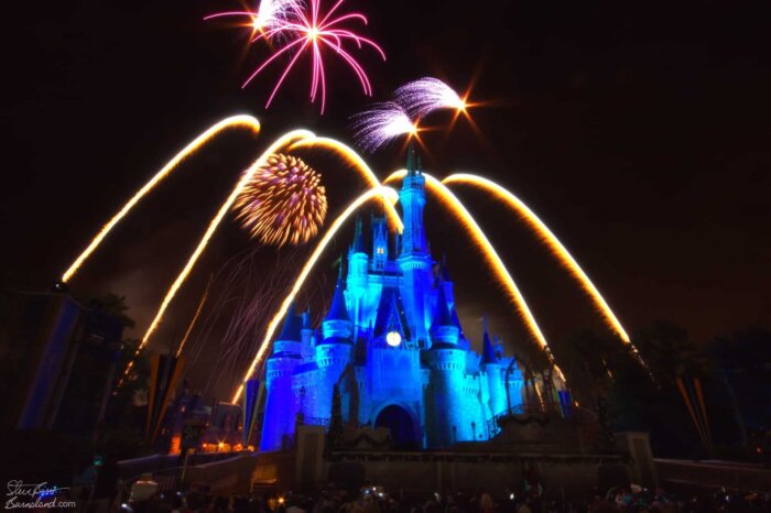 Fireworks over a blue Cinderella Castle in the Magic Kingdom at Walt Disney World