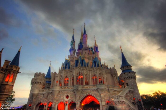 Cinderella Castle in the evening in the Magic Kingdom at Walt Disney World