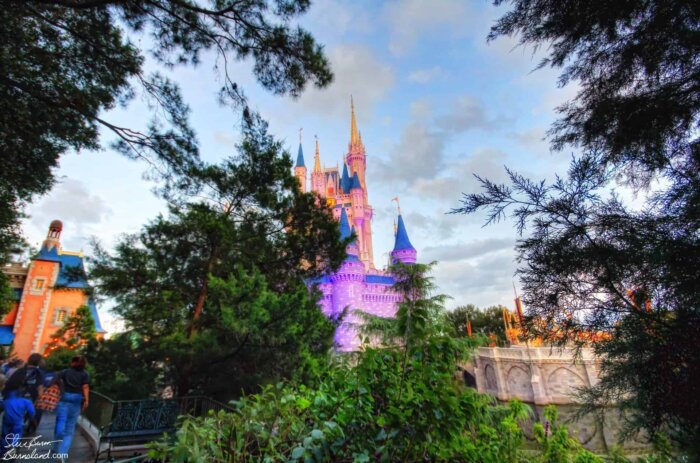 Cinderella Castle through the trees in the Magic Kingdom at Walt Disney World