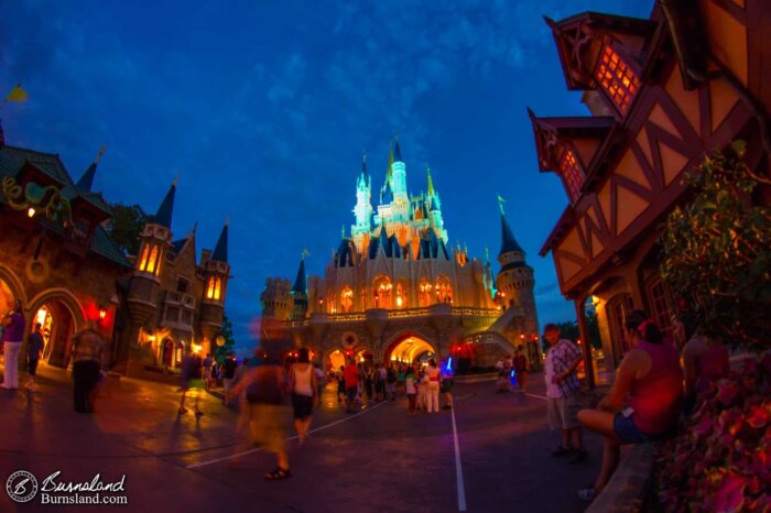 Cinderella Castle and Fantasyland in the evening at Walt Disney World