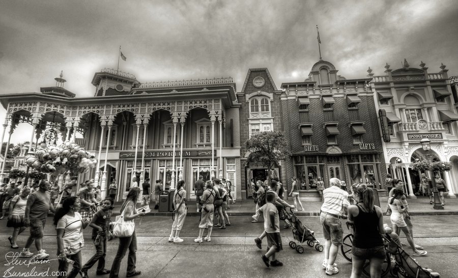 Main Street USA in black and white in the Magic Kingdom at Walt Disney World