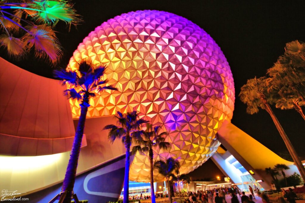 Spaceship Earth at night in Epcot at Walt Disney World