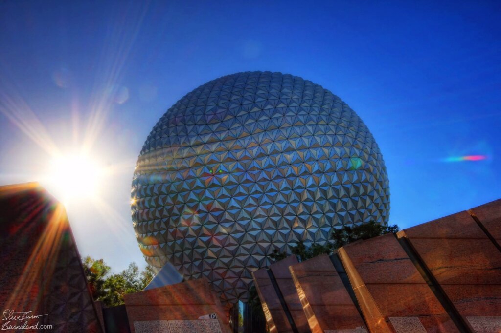 Spaceship Earth and sunrise in Epcot at Walt Disney World