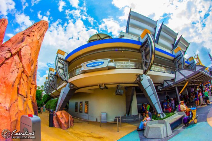 The Tomorrowland Transit Authority PeopleMover track turns a corner in Tomorrowland in the Magic Kingdom at Walt Disney World